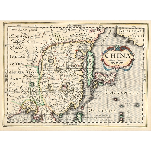 2136 - Hand coloured map of China, after Pieter Van Den Keere, image 18cm x 24cm, framed