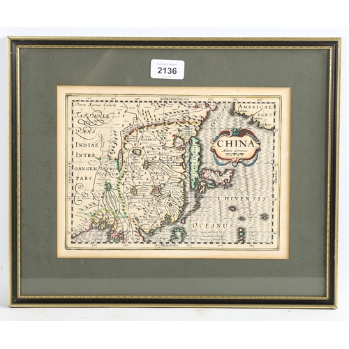 2136 - Hand coloured map of China, after Pieter Van Den Keere, image 18cm x 24cm, framed