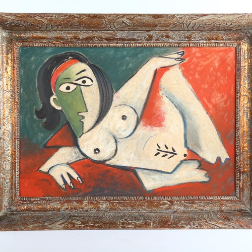 2142 - Contemporary oil on board, abstract nude, unsigned, 50cm x 68cm, framed