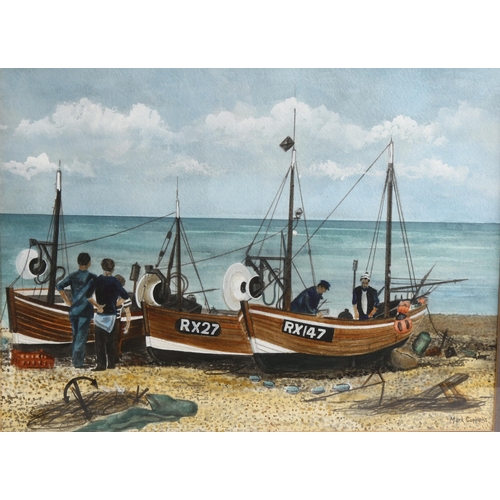 2148 - 19th century watercolour, Hastings net huts, unsigned, 20cm x 30cm, and 3 various Hastings prints an... 