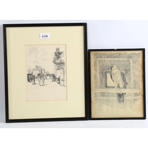 2158 - Thomas Way, print, street scene, signed in pencil, 21cm x 16cm, and E Osswald, pencil drawing, bird,... 