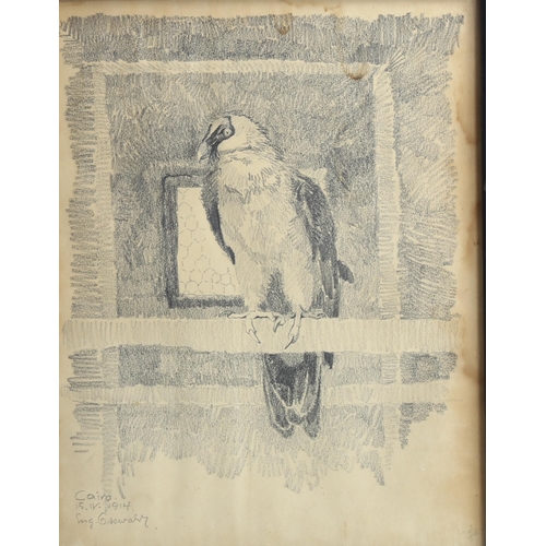 2158 - Thomas Way, print, street scene, signed in pencil, 21cm x 16cm, and E Osswald, pencil drawing, bird,... 