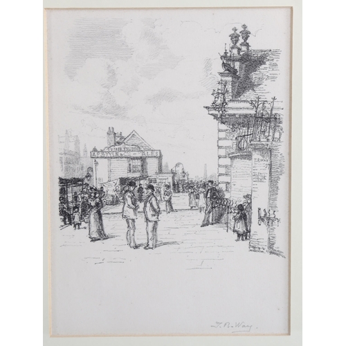 2158 - Thomas Way, print, street scene, signed in pencil, 21cm x 16cm, and E Osswald, pencil drawing, bird,... 