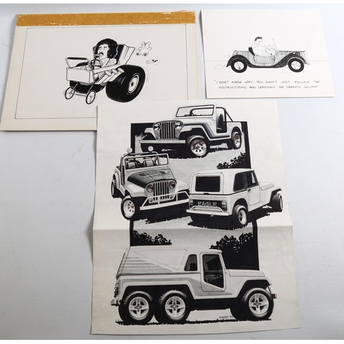 2164 - 5 original ink cartoon drawings, from Alternative Cars and Kit Car magazines, including Steve Kirk, ... 