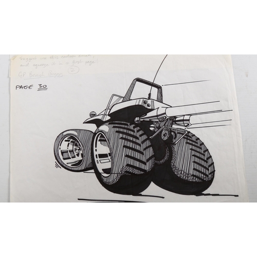 2164 - 5 original ink cartoon drawings, from Alternative Cars and Kit Car magazines, including Steve Kirk, ... 