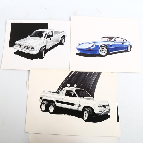 2166 - 5 original ink cartoon drawings from Alternative Cars and Kit Car magazines, by Steve Kirk, 1980s (5... 