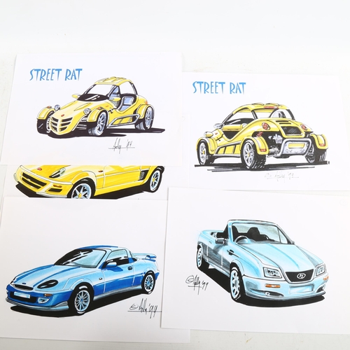 2167 - 5 original pen/crayon cartoon illustrations, from Alternative Cars and Kit Car magazines, by Ashby 1... 