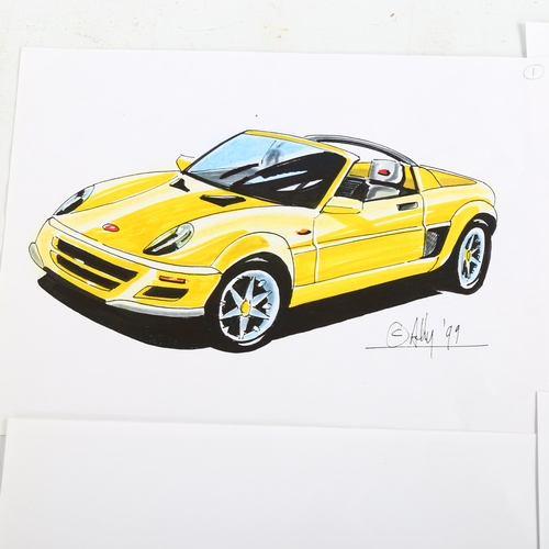 2167 - 5 original pen/crayon cartoon illustrations, from Alternative Cars and Kit Car magazines, by Ashby 1... 