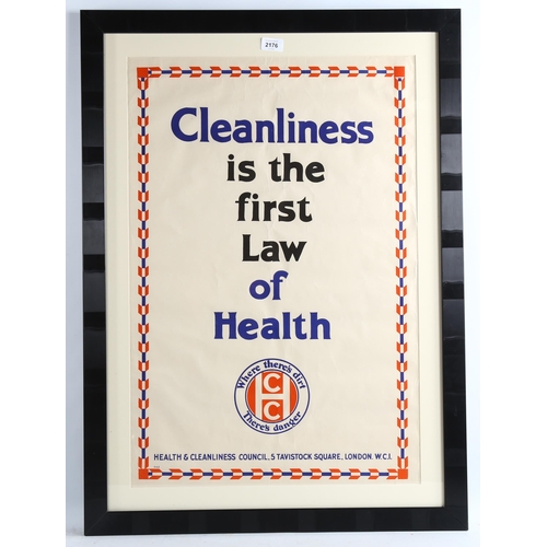 2176 - Original 1930’s Health Education Poster, Cleanliness is the First Law of Health, 75cm x 50cm, mounte... 