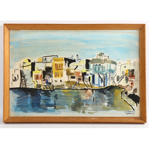 2188 - T C Knowles, watercolour, Mykonos, 1964, signed, 32cm x 47cm, framed