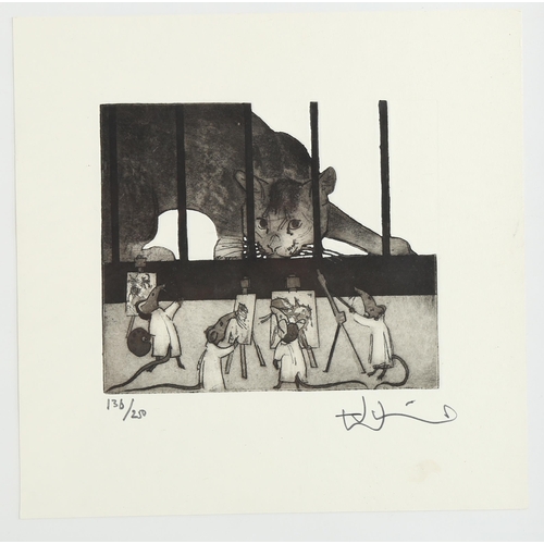 2197 - Julien Williams, etching, cat and mice, signed in pencil, image 16cm x 18cm, framed