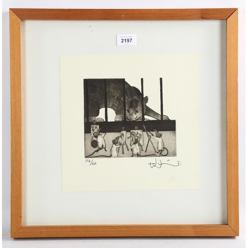 2197 - Julien Williams, etching, cat and mice, signed in pencil, image 16cm x 18cm, framed