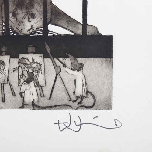 2197 - Julien Williams, etching, cat and mice, signed in pencil, image 16cm x 18cm, framed