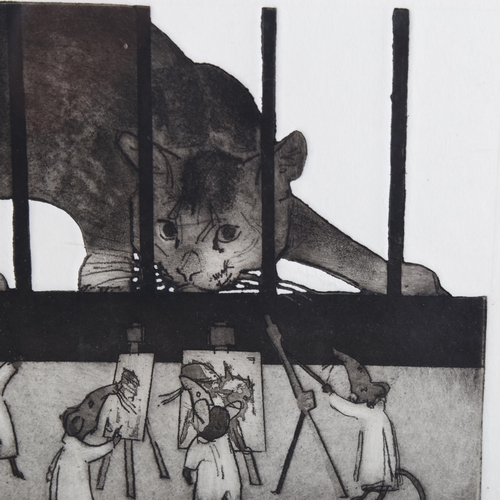 2197 - Julien Williams, etching, cat and mice, signed in pencil, image 16cm x 18cm, framed