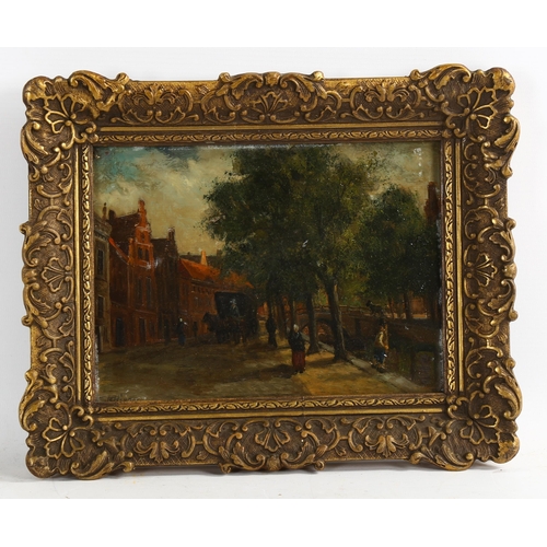 2199 - 19th century oil on wood panel, Amsterdam street scene, indistinctly signed, 18cm x 24cm, framed