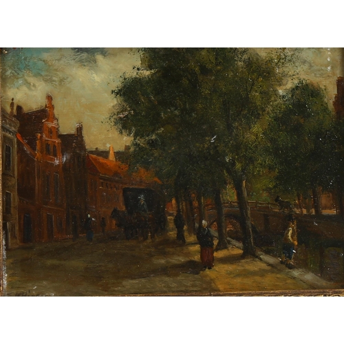 2199 - 19th century oil on wood panel, Amsterdam street scene, indistinctly signed, 18cm x 24cm, framed