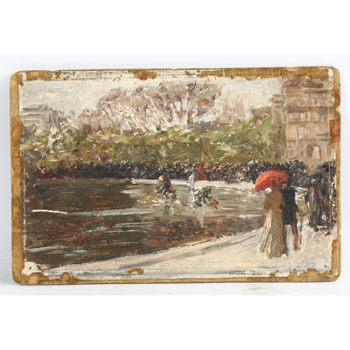 2201 - Early 20th century oil on canvas laid on board, figures on a promenade, unsigned, 13cm x 20cm, unfra... 