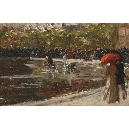 2201 - Early 20th century oil on canvas laid on board, figures on a promenade, unsigned, 13cm x 20cm, unfra... 