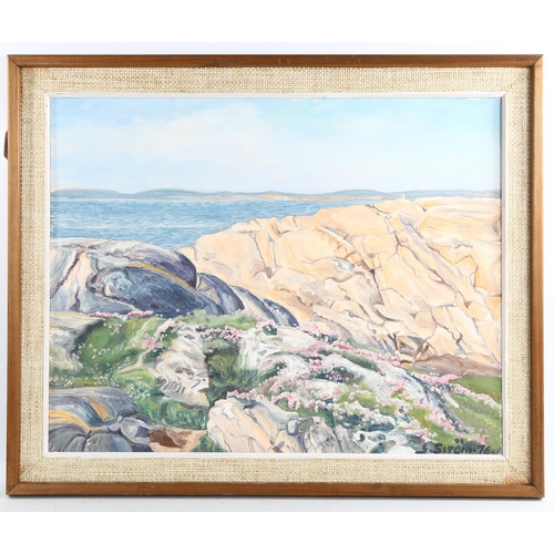 2203 - G Strom, oil on canvas, Scandinavian coast, signed and dated 1976, 21