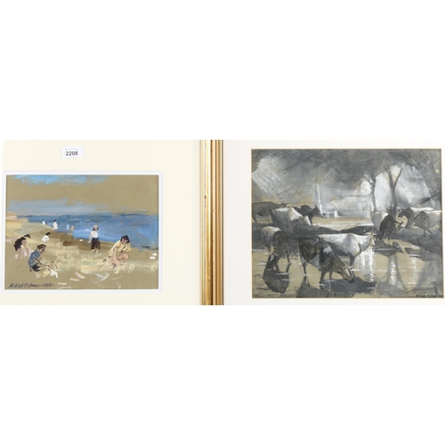 2208 - Michael Cadman (1920 - 2010), 2 watercolours, beach scene 2000, 20cm x 27cm, and cattle 1953, 27cm x... 