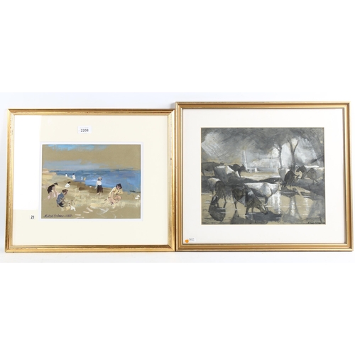 2208 - Michael Cadman (1920 - 2010), 2 watercolours, beach scene 2000, 20cm x 27cm, and cattle 1953, 27cm x... 