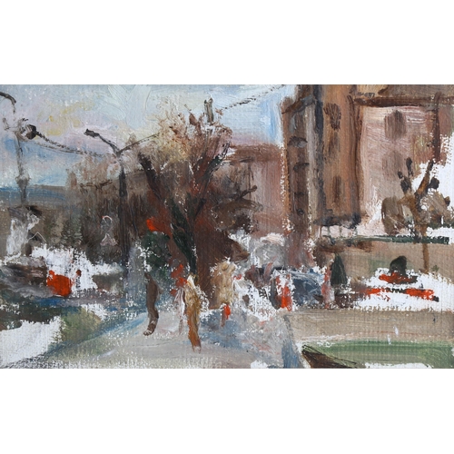 2210 - Russian School, oil on board, impressionist street scene, inscribed verso, 20cm x 30cm, framed