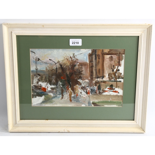 2210 - Russian School, oil on board, impressionist street scene, inscribed verso, 20cm x 30cm, framed