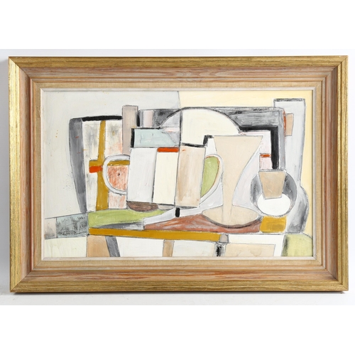 2211 - Contemporary acrylic on board, abstract still life, unsigned, 29cm x 46cm, framed