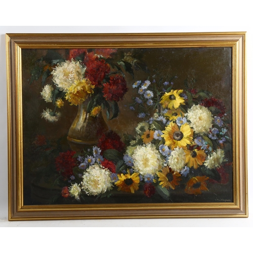 2212 - J V Rockingham, oil on board, still life, signed, 45cm x 60cm, framed