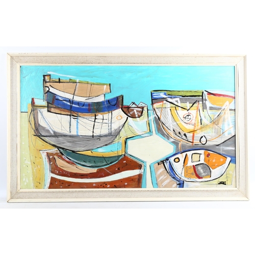 2215 - Contemporary acrylic on board, Mousehole harbour, unsigned, 50cm x 88cm, framed