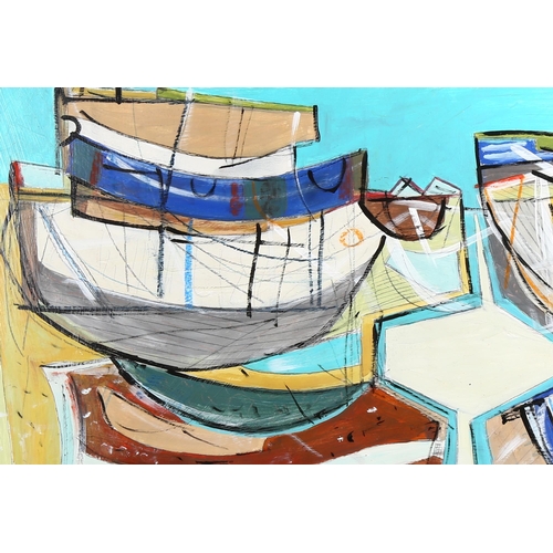 2215 - Contemporary acrylic on board, Mousehole harbour, unsigned, 50cm x 88cm, framed