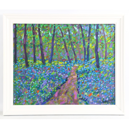 2216 - Paul Stephens, oil on panel, bluebell woods, signed and inscribed verso, 39cm x 50cm, framed