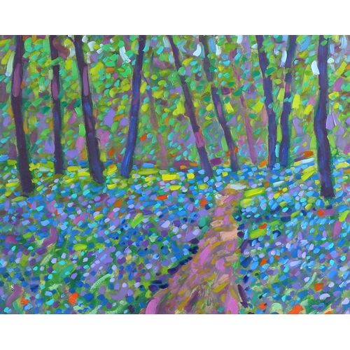 2216 - Paul Stephens, oil on panel, bluebell woods, signed and inscribed verso, 39cm x 50cm, framed