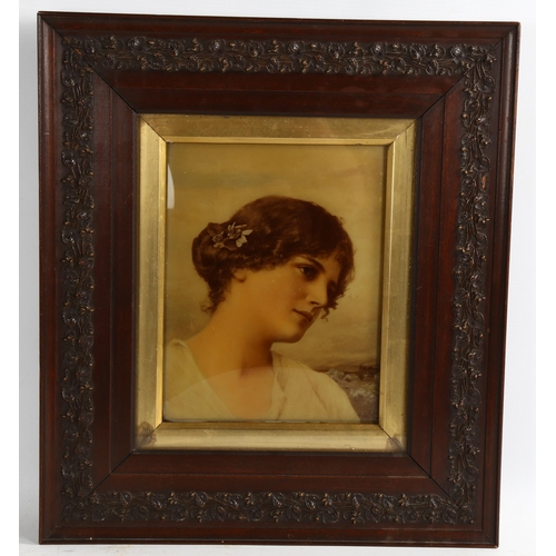 2221 - Hand coloured reverse print behind convex glass panel, portrait of a young girl, in original relief ... 