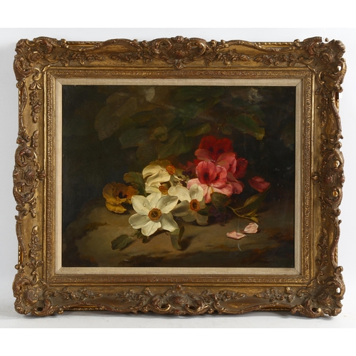 2222 - Karl Voss (1825 - 1896), oil on canvas, Narcissi, Pelagonium and Pansy, signed, 27cm x 35cm, framed