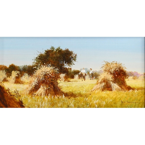 2223 - John Haskins, oil on board, harvest scene, signed, with Stacy Marks label verso, 14cm x 28cm, framed