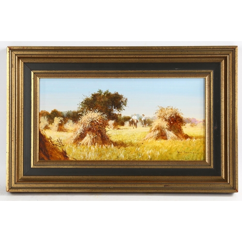 2223 - John Haskins, oil on board, harvest scene, signed, with Stacy Marks label verso, 14cm x 28cm, framed