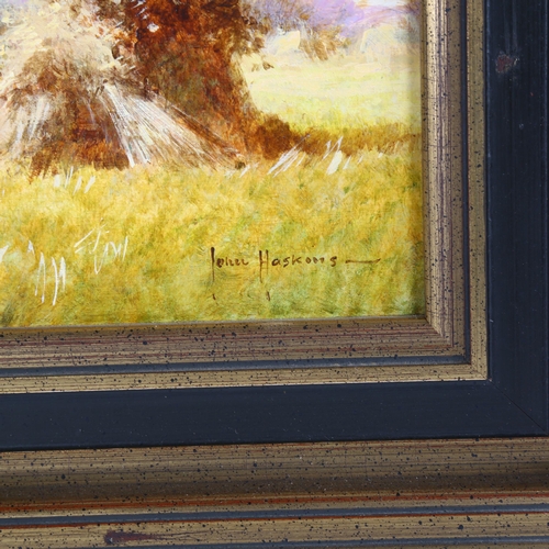 2223 - John Haskins, oil on board, harvest scene, signed, with Stacy Marks label verso, 14cm x 28cm, framed