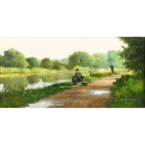 2224 - John Haskins, oil on board, fishing on the River Lea, signed, with Stacy Marks label verso, 14cm x 2... 