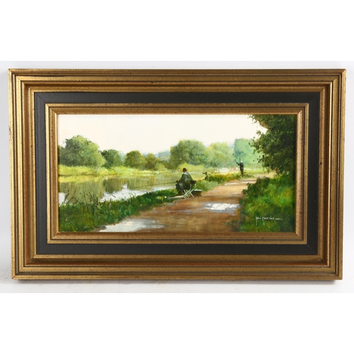 2224 - John Haskins, oil on board, fishing on the River Lea, signed, with Stacy Marks label verso, 14cm x 2... 