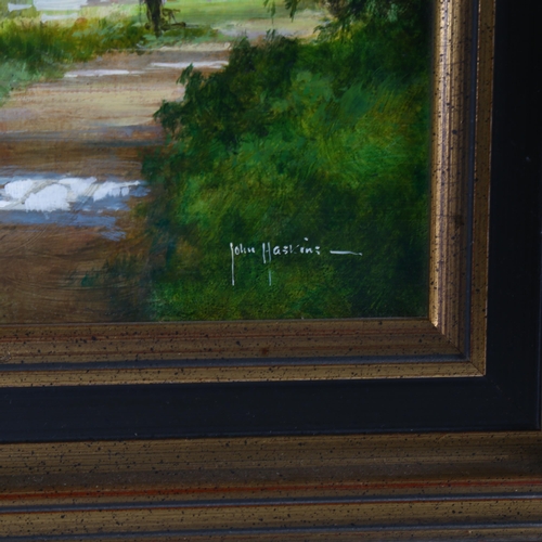 2224 - John Haskins, oil on board, fishing on the River Lea, signed, with Stacy Marks label verso, 14cm x 2... 