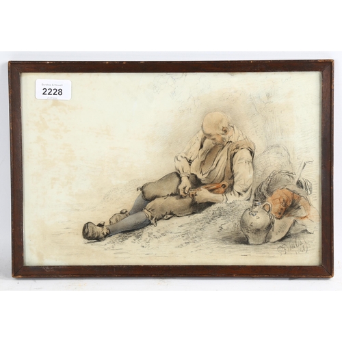 2228 - Pieter Van Os (1808 - 1892), pencil/watercolour, resting traveller, signed and dated 1848, 20cm x 32... 