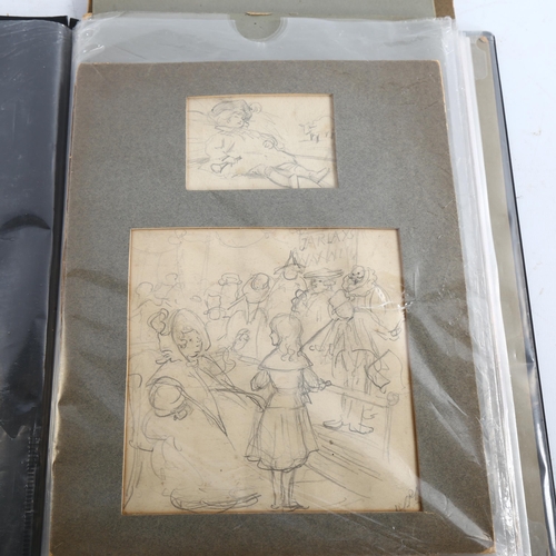 2243 - A folder of mainly 19th century ink and pencil sketches, most unsigned, various artists