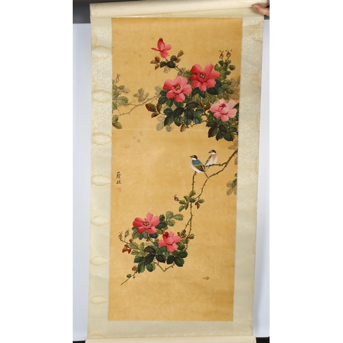 2244 - Japanese watercolour scroll painting, birds and flowers with text inscription, image width 39cm