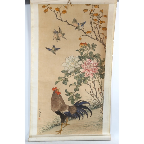 2245 - Japanese watercolour and silk scroll painting with text inscription, image width 50cm