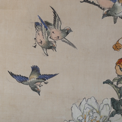 2245 - Japanese watercolour and silk scroll painting with text inscription, image width 50cm