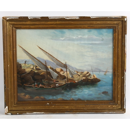 2253 - Italian School, coloured pastels, fishing boats on the coast, unsigned, 25cm x 34cm, framed