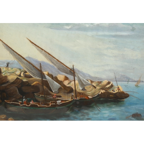 2253 - Italian School, coloured pastels, fishing boats on the coast, unsigned, 25cm x 34cm, framed