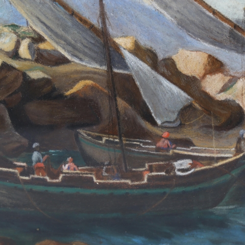 2253 - Italian School, coloured pastels, fishing boats on the coast, unsigned, 25cm x 34cm, framed