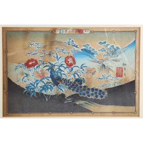 2254 - Pair of Japanese woodblock prints, birds and blossom, image 22cm x 35cm, framed